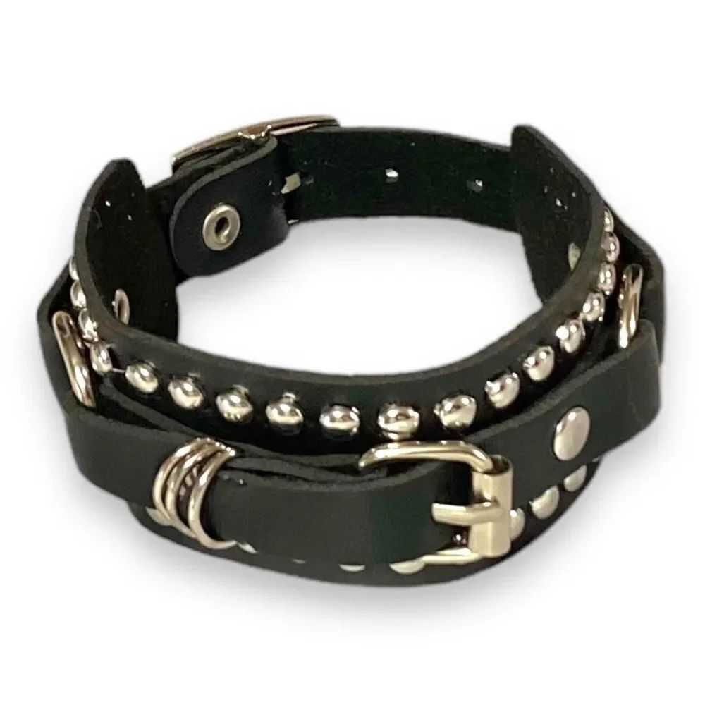 Black Leather Silver Rivets Studded Multi Buckles Cuff Bracelet NEW